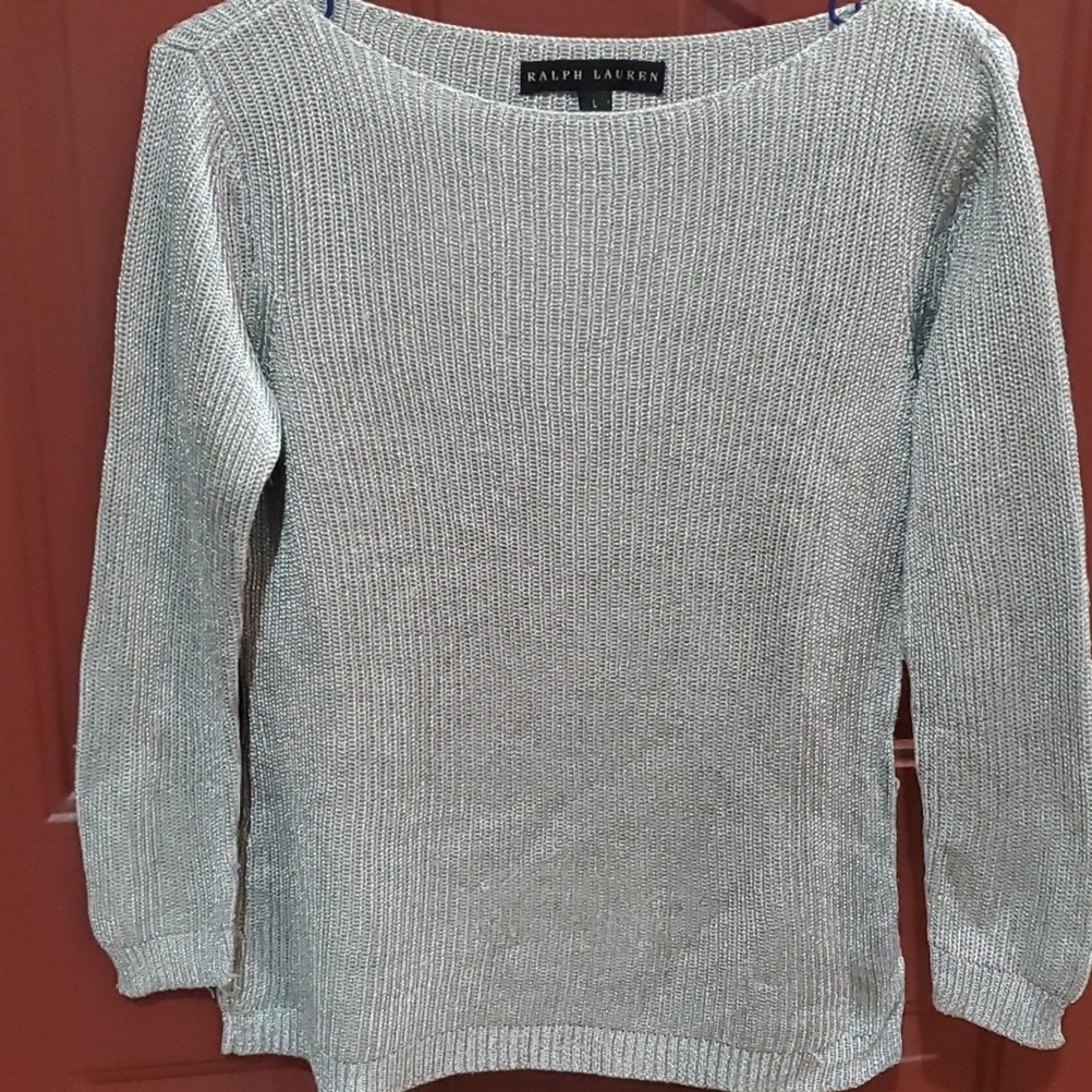 Ralph Lauren Women's Soft Silver Mettalic  Crewneck Sweater BLACK LABEL Large